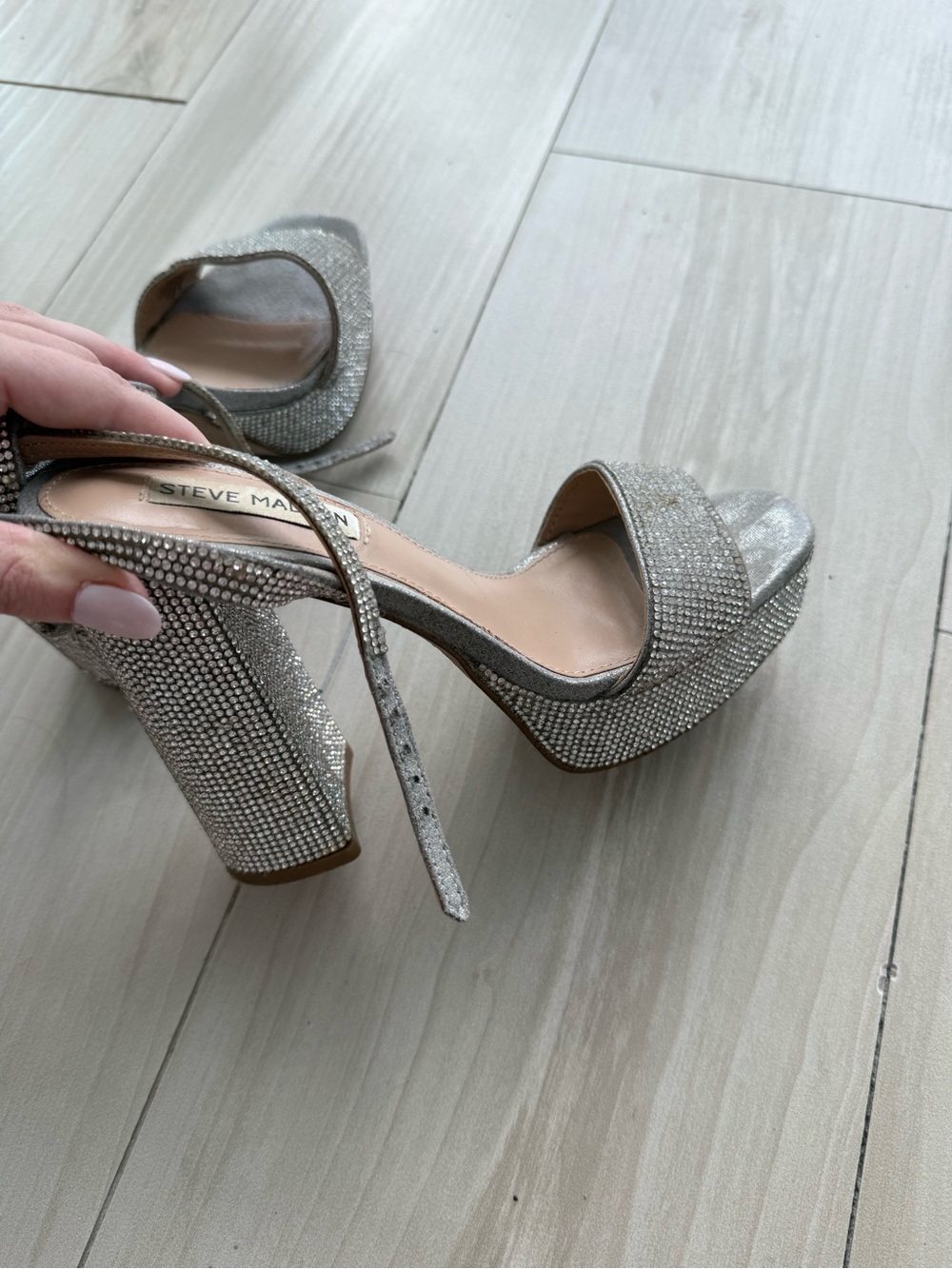 Steve Madden Rhinestone-Embellished Silver Platform Heels